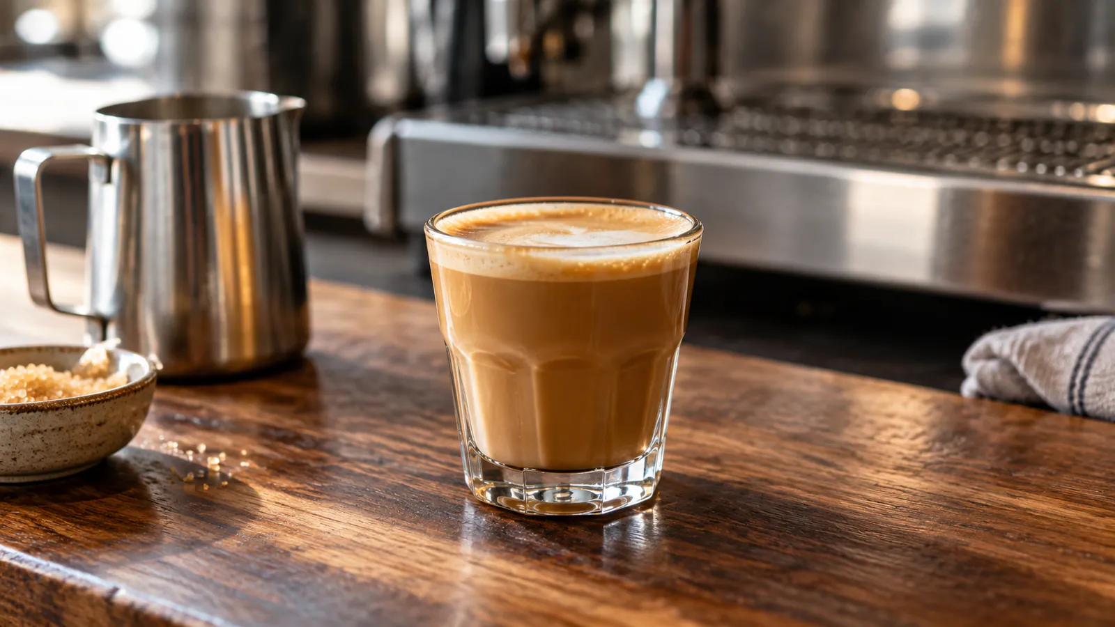 Kısa bardakta dengeli cortado