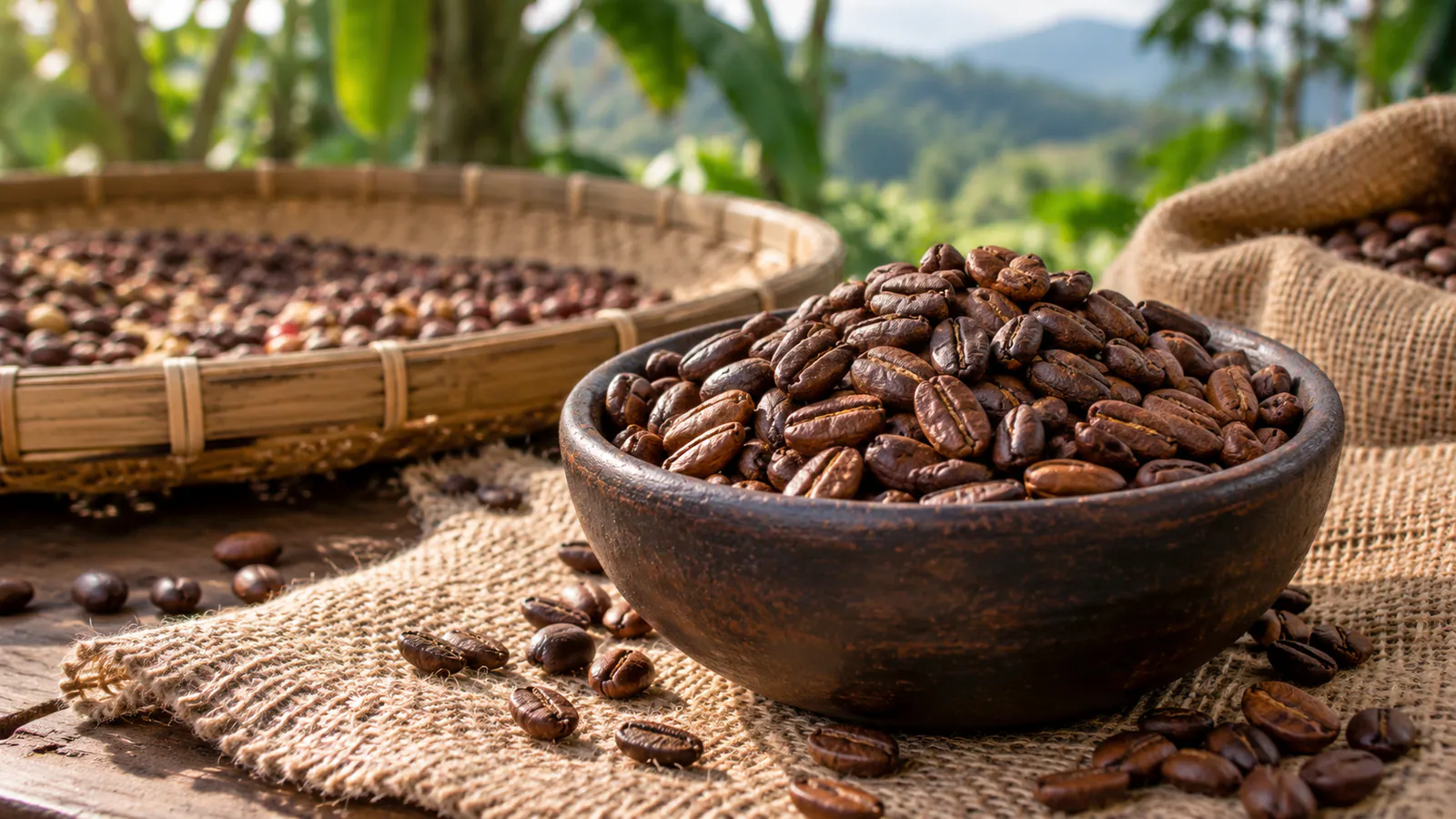 Bambu tepside kavrulmuş Excelsa çekirdekleri