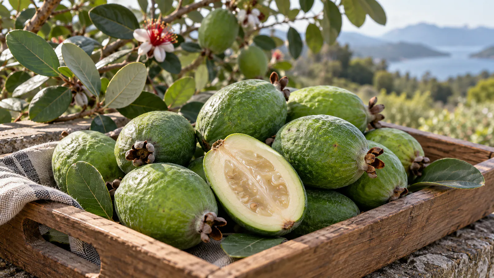 Çalı yanında kesilmiş feijoa meyvesi