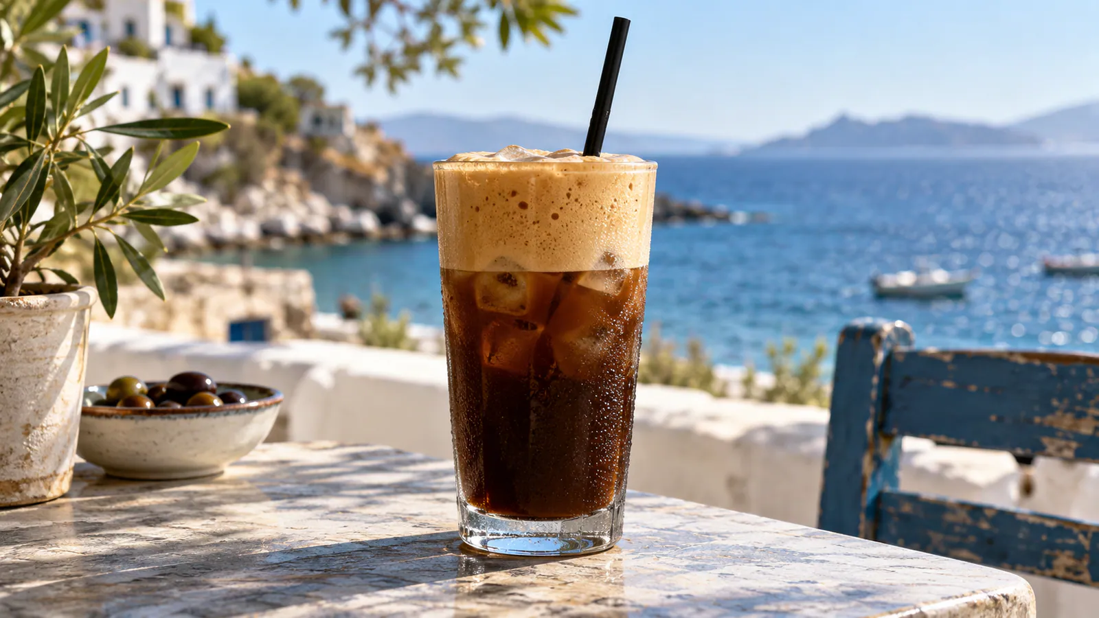 Akdeniz terasında köpüklü frappe