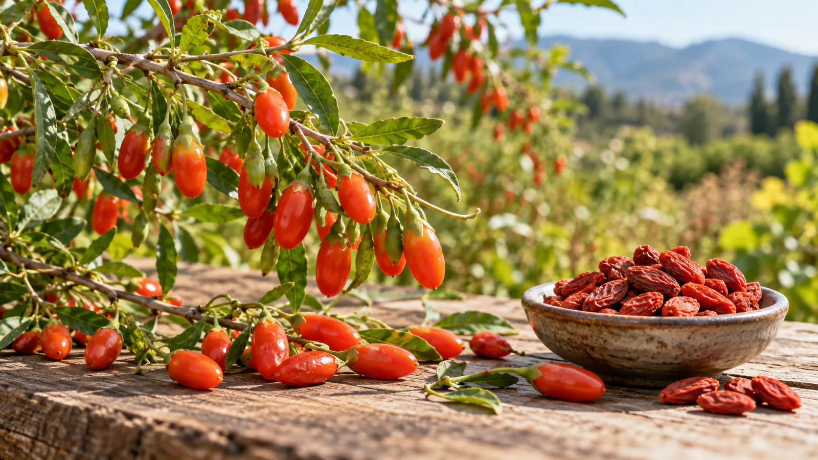 Güneşli goji hasadı