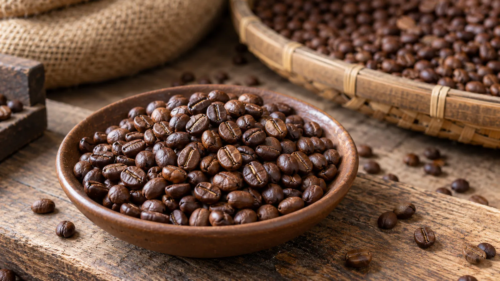 Rustik tabakta kavrulmuş Robusta çekirdekleri
